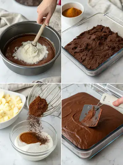 Step-by-step process of making a chocolate ganache cake, including preheating the oven, mixing dry and wet ingredients, and preparing ganache.