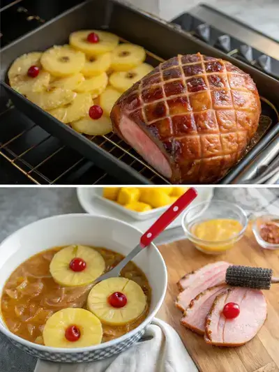 A step-by-step visual guide to preparing Hawaiian Ham, showcasing the scoring, glazing, and garnishing process.