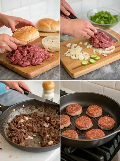 Step-by-step process of making holy cow burgers, including mixing ingredients, forming patties, preheating a skillet, and assembling the burgers with fresh toppings.