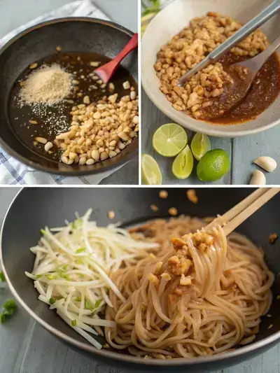 Step-by-step preparation of pad thai, showcasing soaking noodles, making sauce, sautéing aromatics, and the final dish.