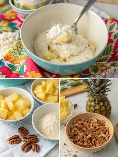 A step-by-step visual guide to making pineapple delight, featuring cream cheese, whipped topping, crushed pineapple, coconut, and pecans.