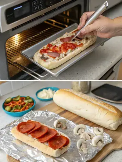 Step-by-step preparation of a pizza sub, showcasing the oven, sub roll preparation, sauce application, and toppings layering.