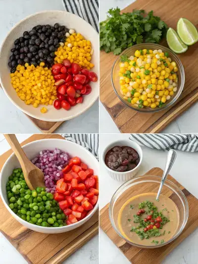 Four-step process of preparing Cowboy Caviar Dip, showcasing fresh ingredients, mixing, dressing, and serving with tortilla chips.
