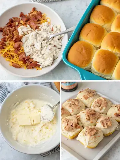 A step-by-step visual guide for preparing crack chicken sliders, showcasing mixing ingredients, preparing buns, assembling sliders, and brushing with garlic butter.