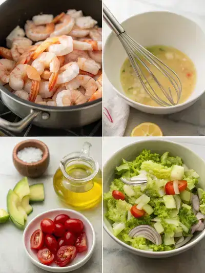 Step-by-step preparation of shrimp salad, including cooking shrimp, making dressing, preparing salad base, and final presentation.