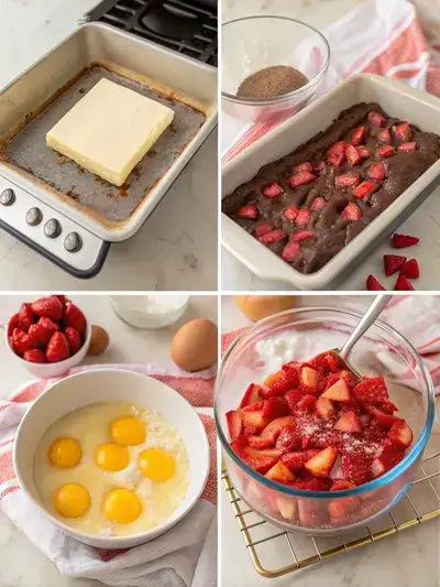 Step-by-step process of making strawberry brownies, including preheating the oven, melting butter, mixing in eggs, and folding in strawberries.