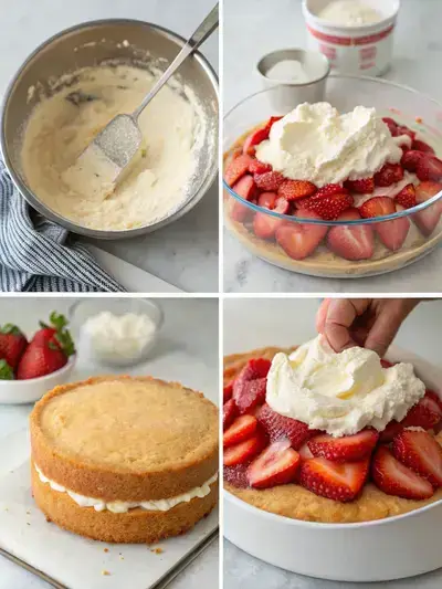 Step-by-step process of making Strawberry Shortcake Cake, including preheating the oven, mixing ingredients, assembling the cake, and the final decorated cake.