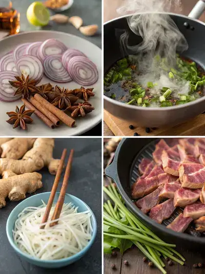 Four-part depiction of making Hanoi Pho: charred onion and ginger, scalded beef bones, toasted spices, and a finished bowl with noodles, beef slices, and herbs