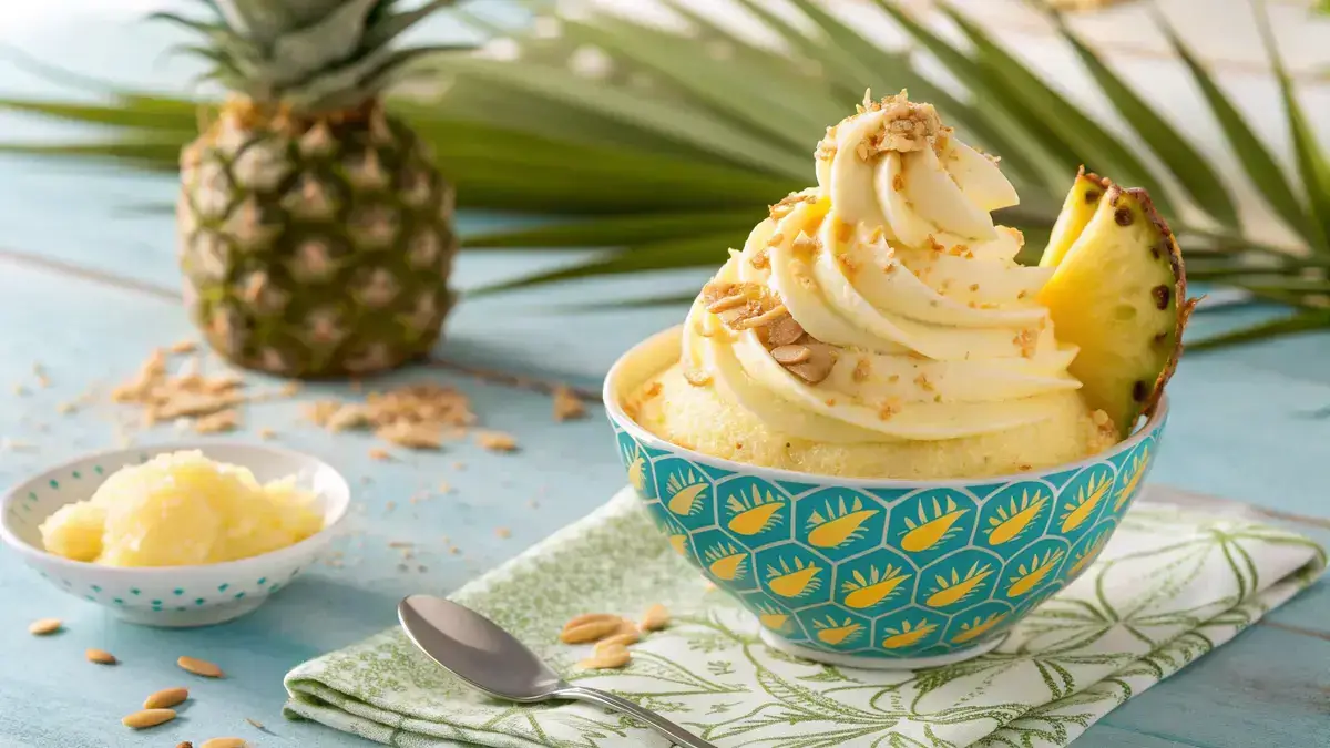 A delicious Boozy Dole Whip topped with a pineapple wedge and toasted coconut, set against a tropical backdrop.