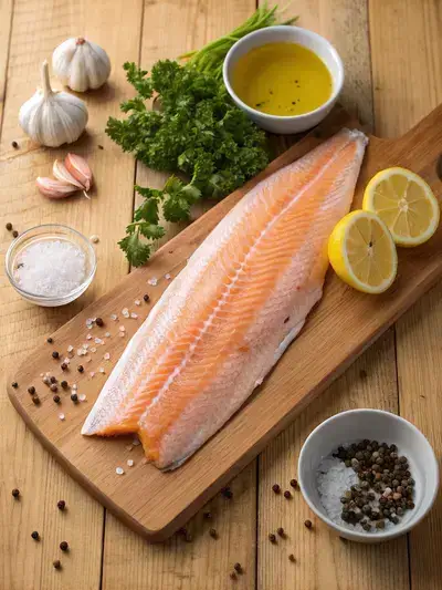 Ingredients for trout fillet displayed on a kitchen table.