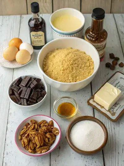 Ingredients for turtle cheesecake displayed on a kitchen table, including graham cracker crumbs, cream cheese, caramel sauce, and pecans.