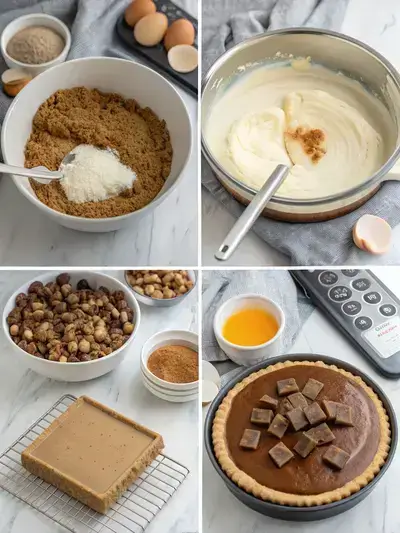 Step-by-step process of making turtle cheesecake, including preheating the oven, preparing the crust, mixing the filling, and pouring it into the pan.