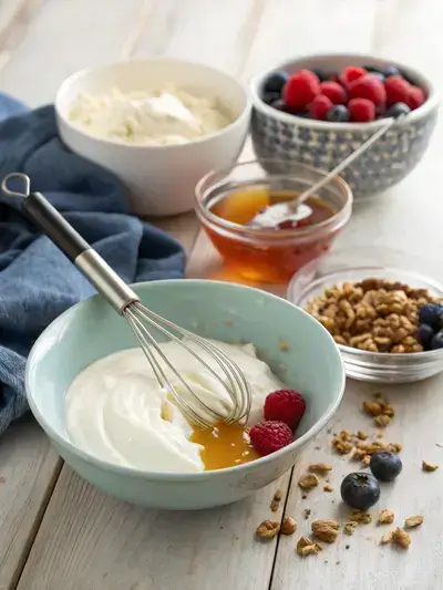 Three-step process of making whipped yogurt, including mixing ingredients, whipping, and serving with toppings.
