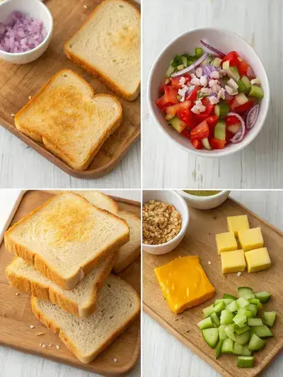 Step-by-step preparation of a chop sandwich with toasted bread, fresh vegetables, and cheese.