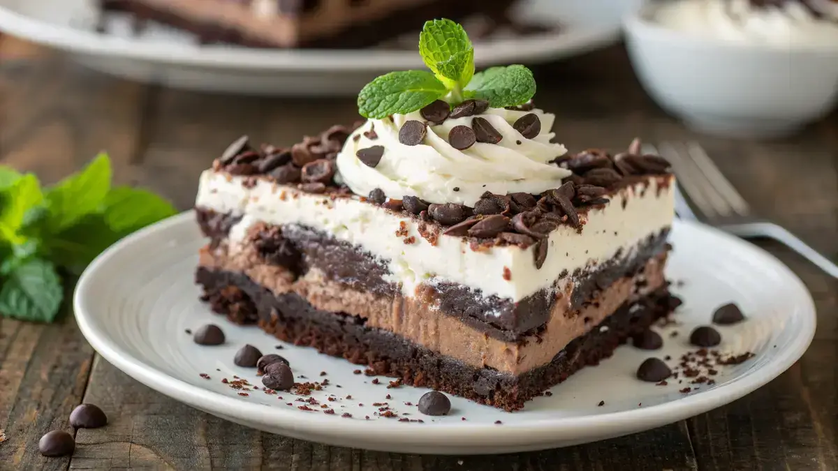 A slice of CHOCOLATE LASAGNA displaying its layered structure with Oreo crust and chocolate pudding.