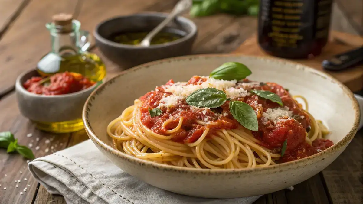 A bowl of marinara pasta garnished with fresh basil and Parmesan cheese.