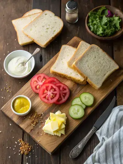 Ingredients for a chop sandwich displayed on a kitchen table.