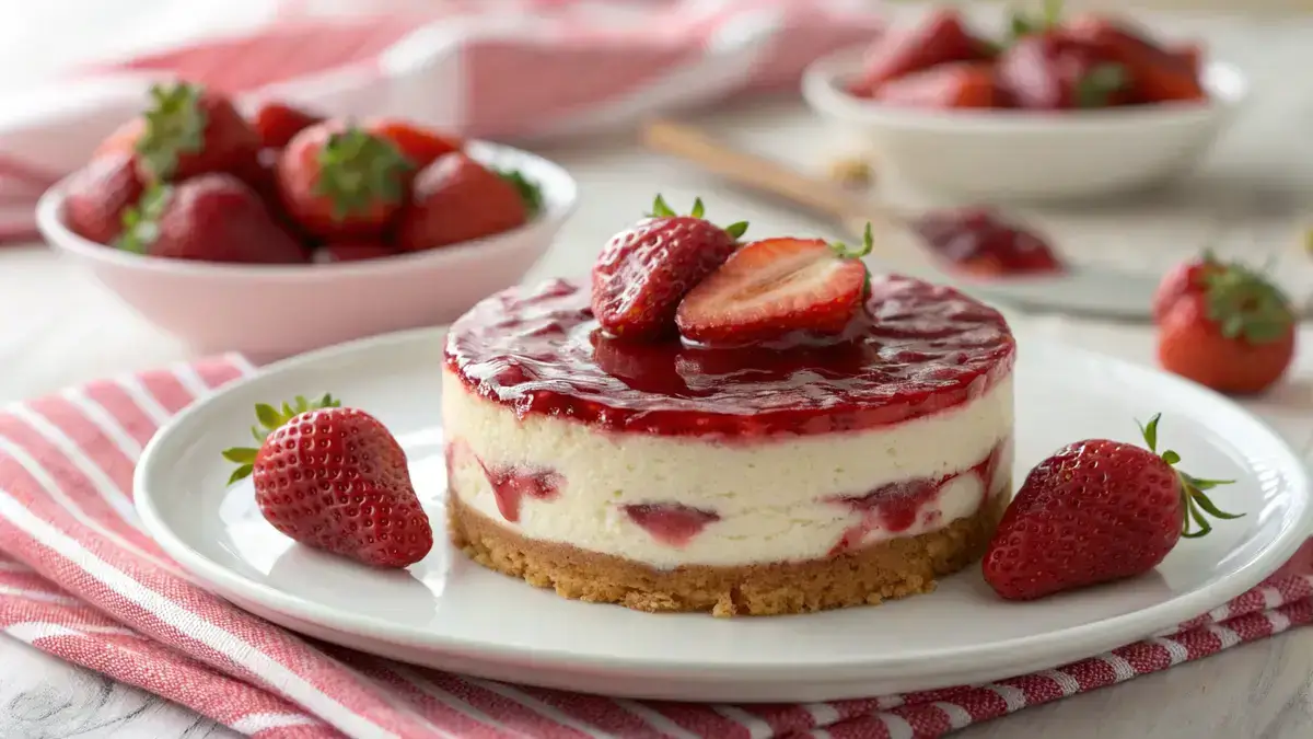 Delicious strawberries cheesecake with fresh strawberries and a glossy glaze.