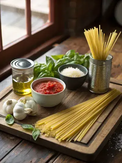Ingredients for marinara pasta displayed on a kitchen table.