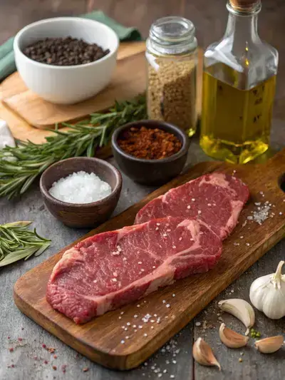 Ingredients for smoked sirloin steak displayed on a rustic kitchen table.