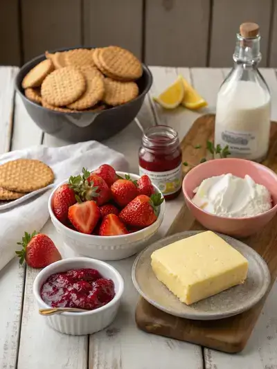 Ingredients for strawberries cheesecake displayed on a kitchen table.