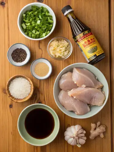 Ingredients for teriyaki chicken displayed on a kitchen table, including chicken thighs, soy sauce, mirin, brown sugar, garlic, ginger, cornstarch, water, vegetable oil, sesame seeds, and green onions.