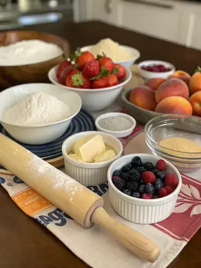 Ingredients for fruit pastry displayed on a kitchen table, including flour, butter, sugar, and fresh fruits.