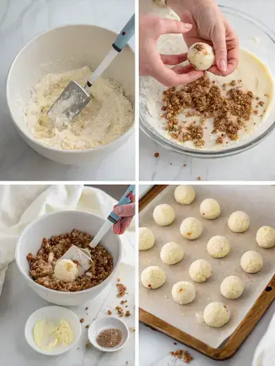 Step-by-step process of making cheesecake balls, including mixing ingredients, rolling into balls, and dipping in chocolate.