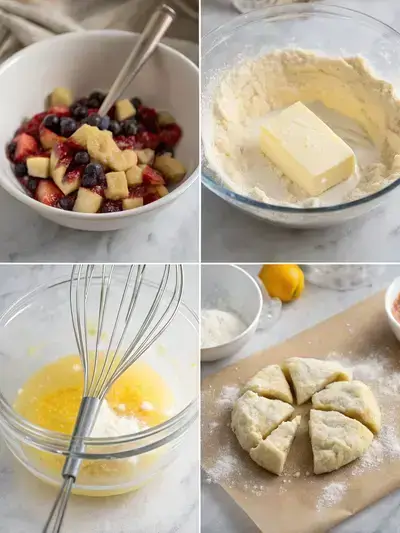 Step-by-step process of making fruit pastry, including dry ingredients, cutting in butter, shaping dough, and preparing fruit filling.