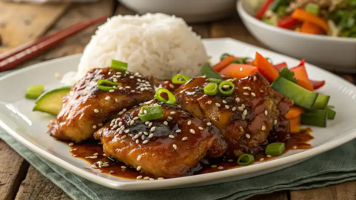 Delicious teriyaki chicken garnished with sesame seeds and green onions on a white plate.
