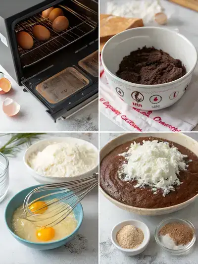 Step-by-step process of making chocolate coconut cake, including preheating the oven, mixing dry and wet ingredients, and folding in coconut.