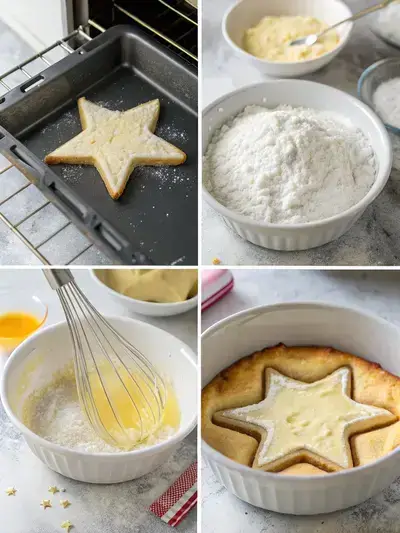 Four-step process of making a star cake, including preheating the oven, mixing dry ingredients, creaming butter and sugar, and pouring batter into a star-shaped pan.