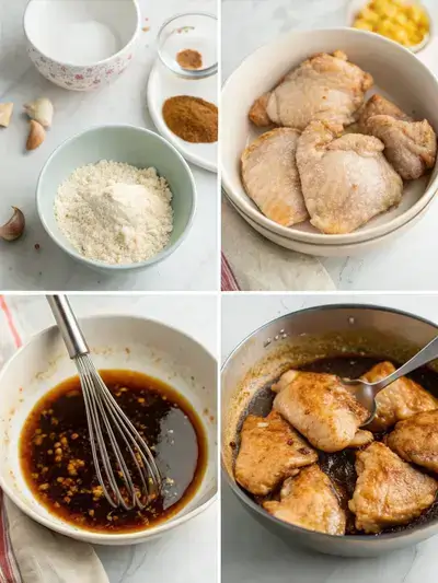 Step-by-step preparation of teriyaki chicken, showcasing the sauce, marinating chicken, mixing slurry, and cooking in a skillet.