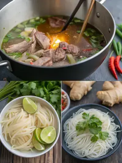 A visual representation of the steps to prepare Pho Ha Noi, including charring ginger and onion, simmering beef bones, soaking rice noodles, and assembling the final dish with garnishes.