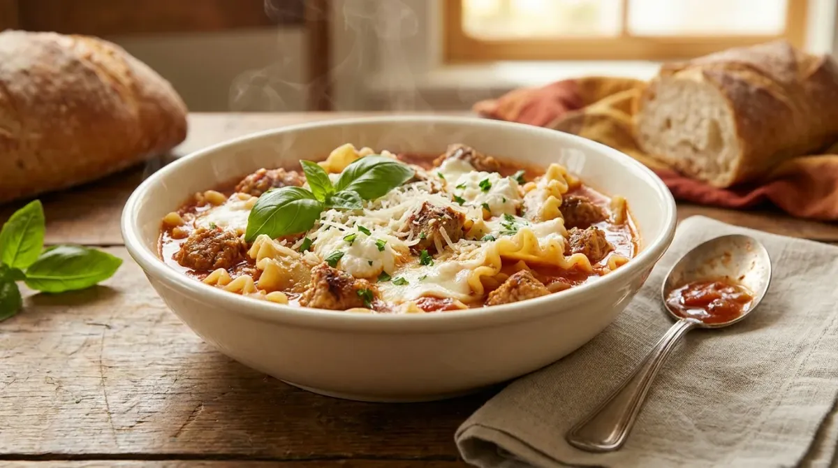 Lasagna Soup with noodles, Italian-seasoned sausage, tomato broth, ricotta, mozzarella, and Parmesan in a rustic bowl.