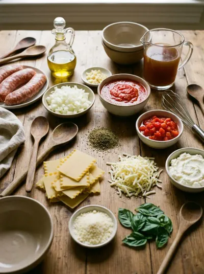 Ingredients arranged on a wooden table for Lasagna Soup, including turkey sausage, tomatoes, lasagna pieces, herbs, broth, and three cheeses