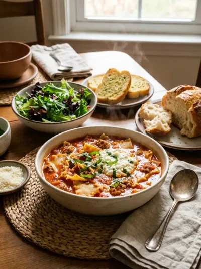 Lasagna Soup served with creamy cheese topping, basil ribbons, green salad, garlic bread, and grated Parmesan.