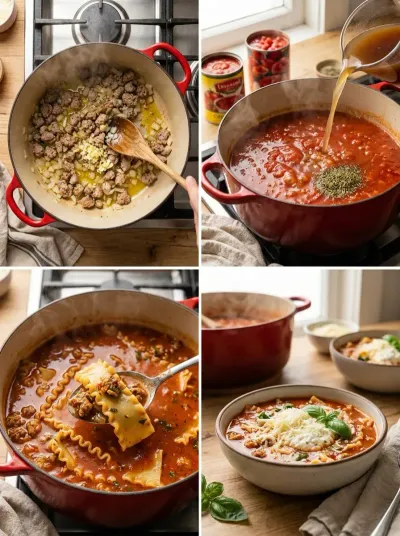 Four-panel preparation guide for Lasagna Soup with browned turkey sausage, tomato broth, tender pasta, and a three-cheese topping.