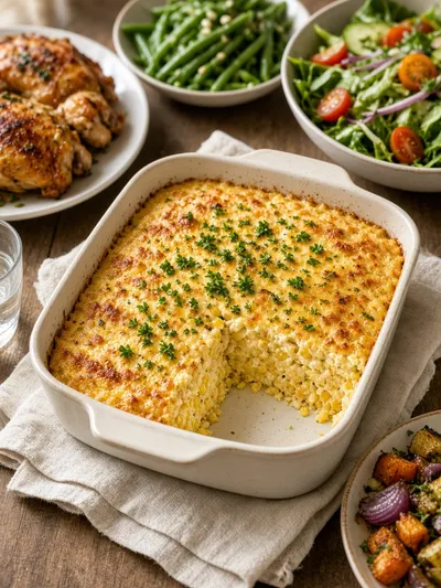 Corn casserole recipe served with roasted chicken, green beans, salad, and roasted vegetables