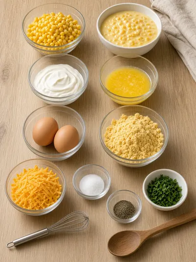 Ingredients arranged for a corn casserole recipe on a bright kitchen table