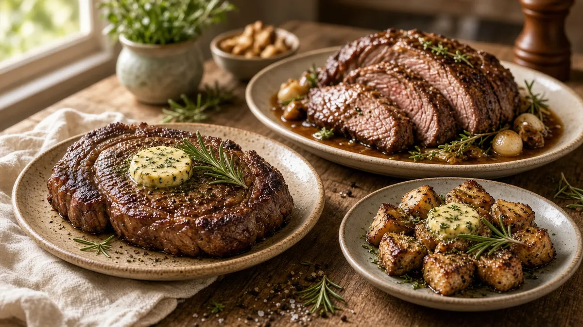Easy beef recipes featuring seared steak, pot roast, and garlic butter steak bites