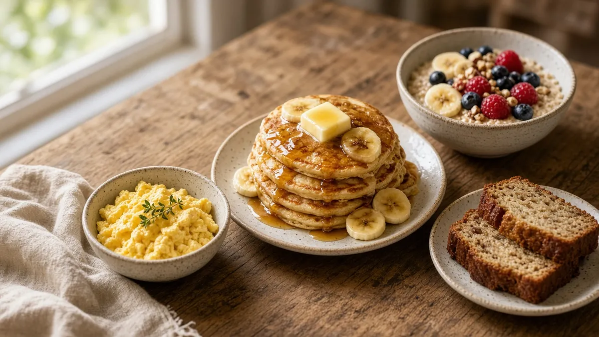 Easy breakfast recipes featuring banana pancakes, overnight oats, and warm banana bread