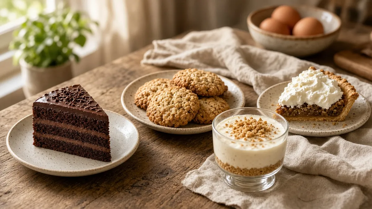 Easy dessert recipes featuring chocolate cake, cookies, pie, and no-bake sweets