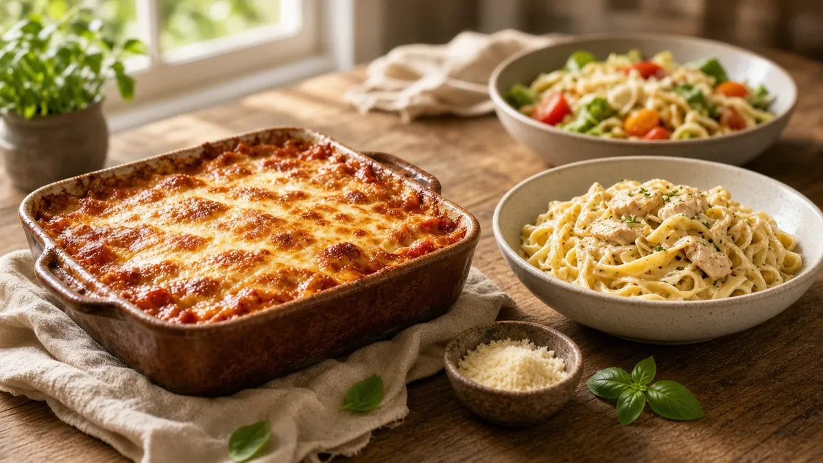 Easy pasta recipes featuring lasagna, creamy chicken pasta, and a family dinner table