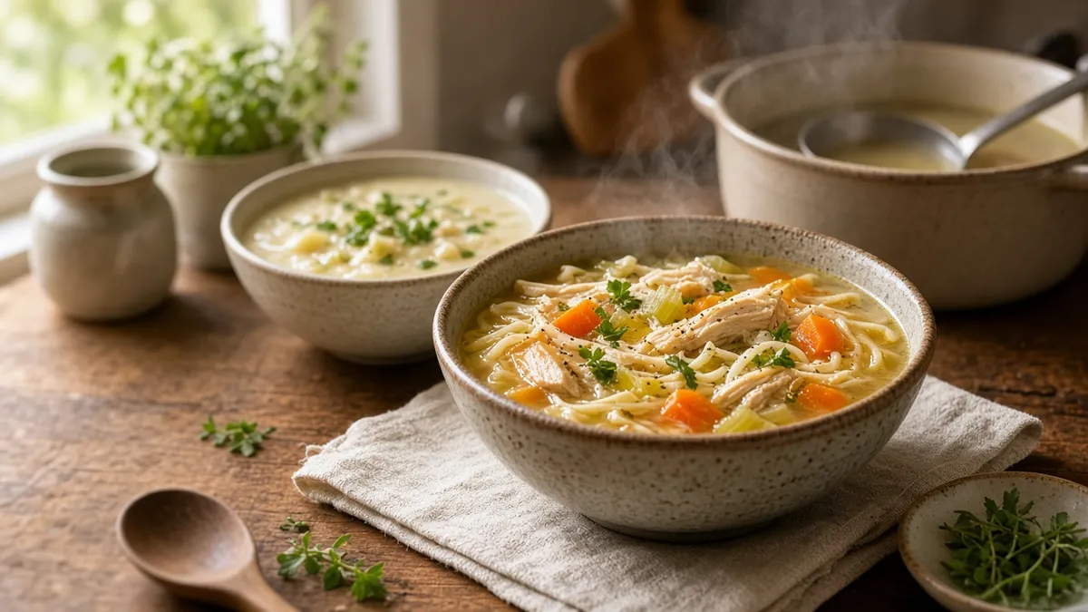 Easy soup recipes featuring homemade chicken soup, creamy potato soup, and simmering broth