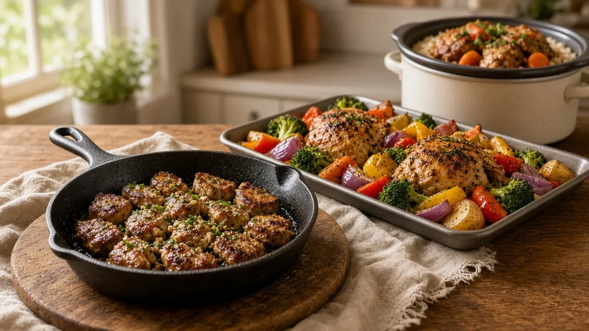 Easy weeknight dinners featuring skillet steak bites, sheet-pan chicken, and crockpot supper