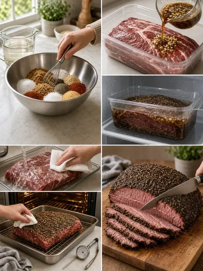 Four-panel pastrami preparation collage showing curing, seasoning, roasting, and thin slicing across the grain