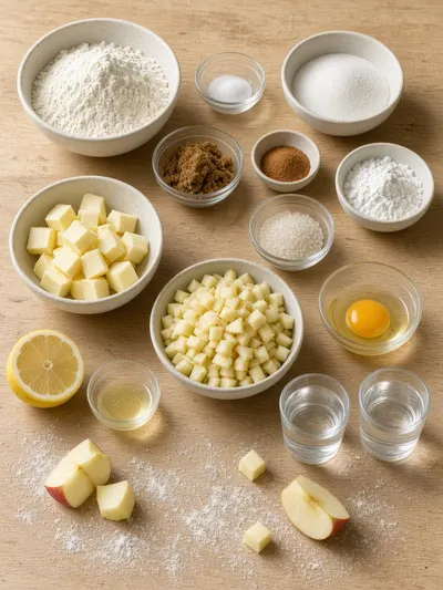 Ingredients for pies and apples arranged in bowls on a kitchen table