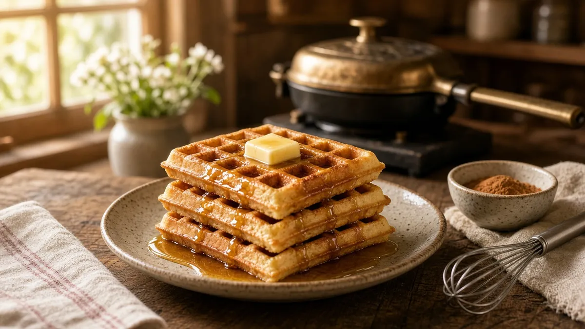 wooflix waffles stacked with butter and maple syrup on a farmhouse breakfast table