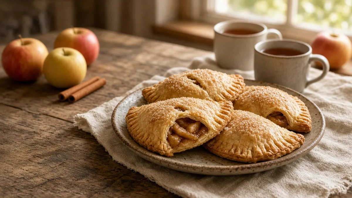 Golden homemade pies and apples hand pies filled with cinnamon-spiced apples on a rustic plate